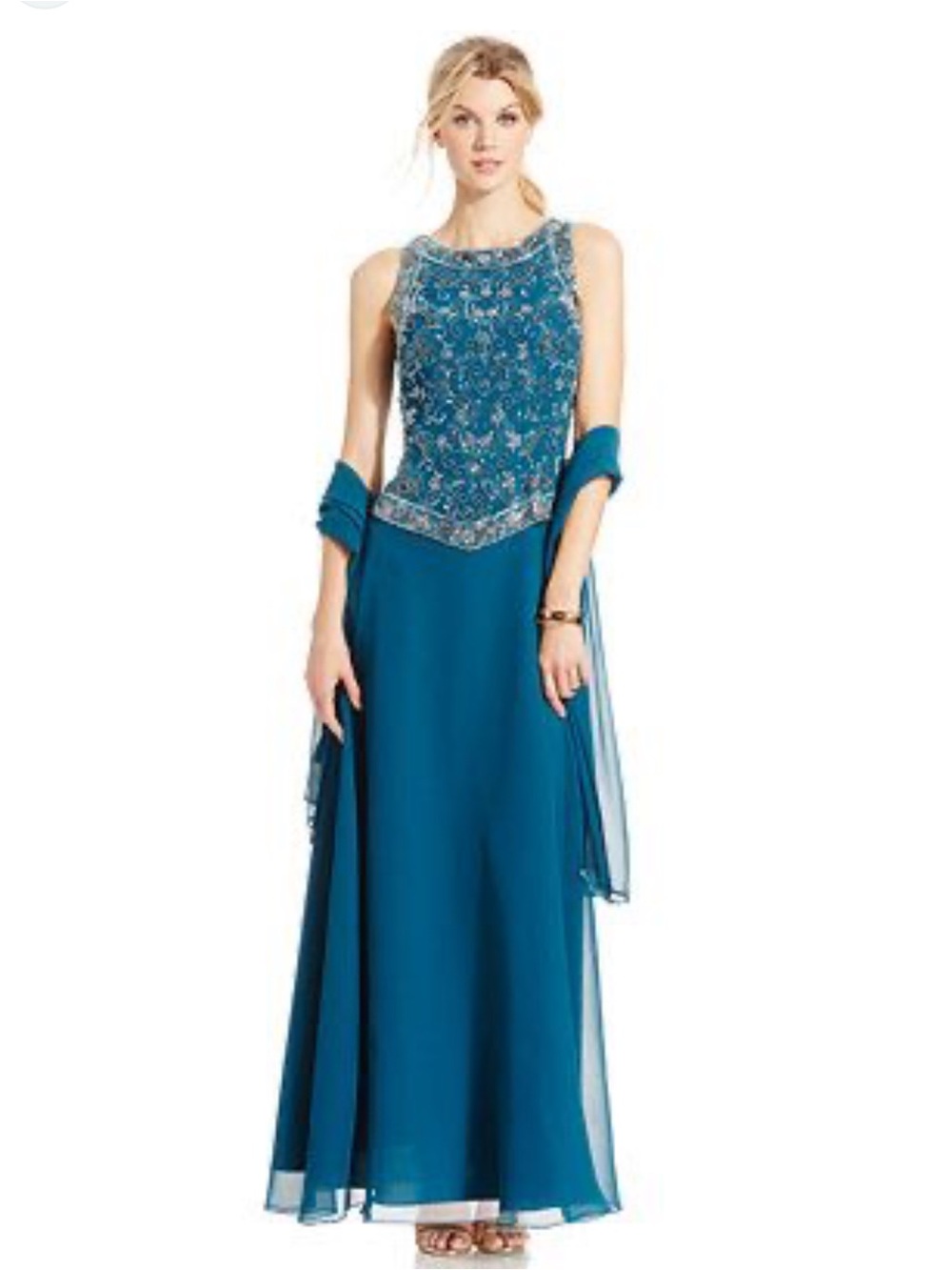 NWT J Laxmi Women's Beaded Mock 2-piece Gown and Scarf Size 10